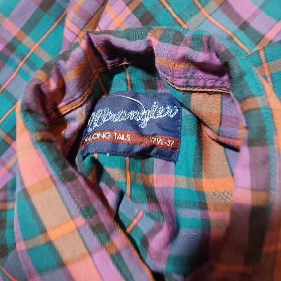 Vintage Men's XL Western Cowboy Shirt Wrangler 17.5-37 X-Long Tails Plaid Snap - Picture 7 of 7